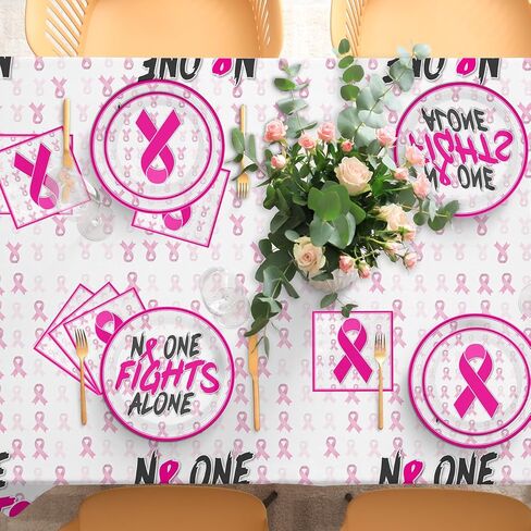 ديكورات للتوعية بسرطان الثدي، لا أحد يحارب بمفرده، شريط وردي مطبوع، أدوات للتوعية بسرطان الثدي تتضمن الأطباق والمناديل، وديكورات حفلات مفارش المائدة in Kuwait