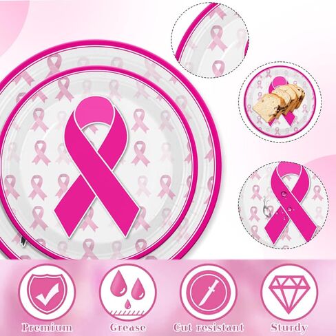 ديكورات للتوعية بسرطان الثدي، لا أحد يحارب بمفرده، شريط وردي مطبوع، أدوات للتوعية بسرطان الثدي تتضمن الأطباق والمناديل، وديكورات حفلات مفارش المائدة in Kuwait