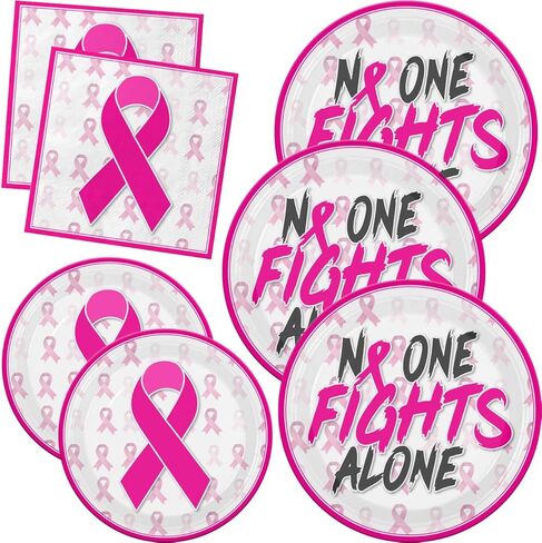 ديكورات للتوعية بسرطان الثدي، لا أحد يحارب بمفرده، شريط وردي مطبوع، أدوات للتوعية بسرطان الثدي تتضمن الأطباق والمناديل، وديكورات حفلات مفارش المائدة in Kuwait