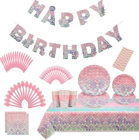 Mermaid Birthday Decorations,134 Pcs Mermaid Birthday Party Supplies-Plates, Napkins, Forks, Knives,Cups,Spoons,Straws,Tablecloth&Banner for Girls Baby Shower Under the Sea Party(16 Set） in Saudi Arabia
