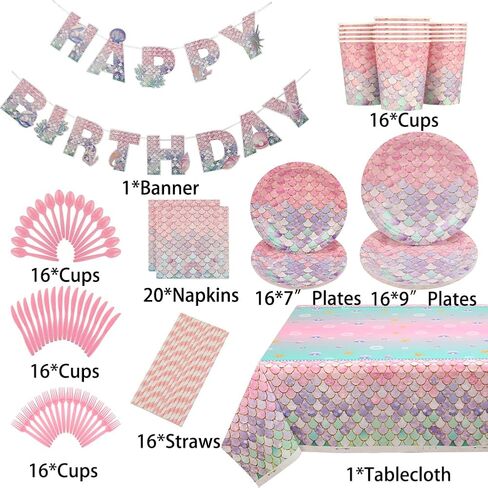 Mermaid Birthday Decorations,134 Pcs Mermaid Birthday Party Supplies-Plates, Napkins, Forks, Knives,Cups,Spoons,Straws,Tablecloth&Banner for Girls Baby Shower Under the Sea Party(16 Set） in Saudi Arabia