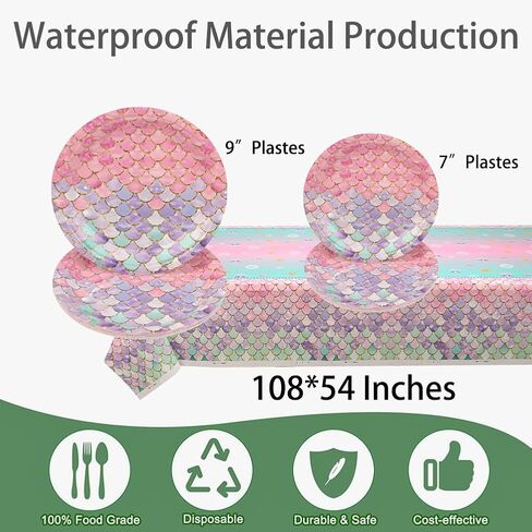 Mermaid Birthday Decorations,134 Pcs Mermaid Birthday Party Supplies-Plates, Napkins, Forks, Knives,Cups,Spoons,Straws,Tablecloth&Banner for Girls Baby Shower Under the Sea Party(16 Set） in Saudi Arabia