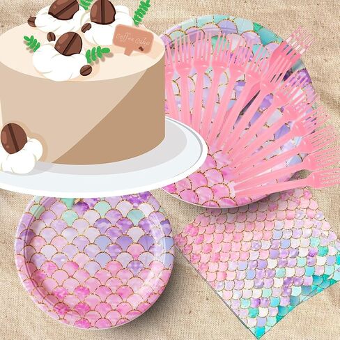 Mermaid Birthday Decorations,134 Pcs Mermaid Birthday Party Supplies-Plates, Napkins, Forks, Knives,Cups,Spoons,Straws,Tablecloth&Banner for Girls Baby Shower Under the Sea Party(16 Set） in Saudi Arabia