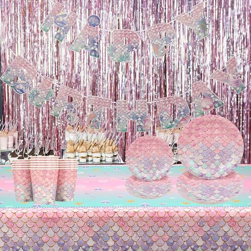 Mermaid Birthday Decorations,134 Pcs Mermaid Birthday Party Supplies-Plates, Napkins, Forks, Knives,Cups,Spoons,Straws,Tablecloth&Banner for Girls Baby Shower Under the Sea Party(16 Set） in Saudi Arabia