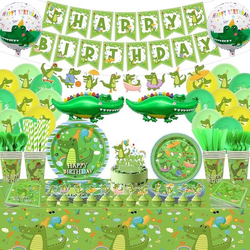 ديكورات حفلات أعياد الميلاد من Obussgar Crocodiles - لوازم حفلات التماسيح بما في ذلك اللافتة والأطباق والأكواب والمناديل ومفارش المائدة والبالونات لديكورات حفلات التماسيح - تكفي 20 شخصًا (ب) in Kuwait