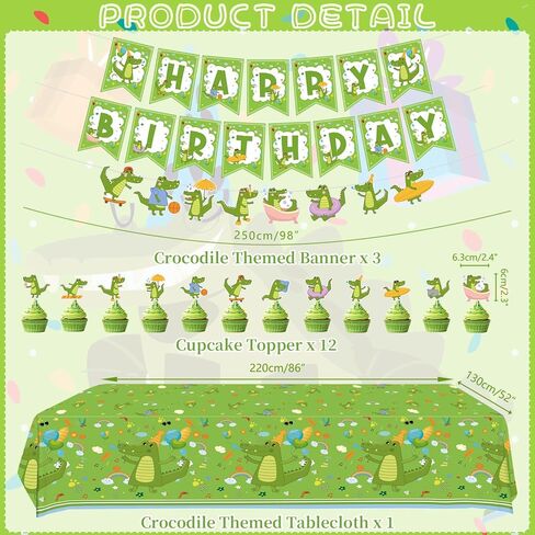 ديكورات حفلات أعياد الميلاد من Obussgar Crocodiles - لوازم حفلات التماسيح بما في ذلك اللافتة والأطباق والأكواب والمناديل ومفارش المائدة والبالونات لديكورات حفلات التماسيح - تكفي 20 شخصًا (ب) in Kuwait