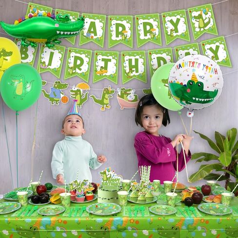 ديكورات حفلات أعياد الميلاد من Obussgar Crocodiles - لوازم حفلات التماسيح بما في ذلك اللافتة والأطباق والأكواب والمناديل ومفارش المائدة والبالونات لديكورات حفلات التماسيح - تكفي 20 شخصًا (ب) in Kuwait