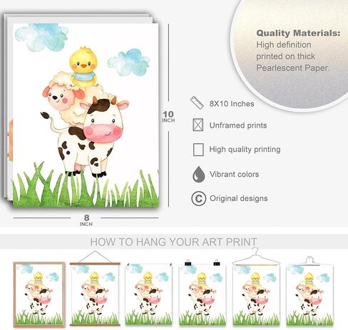 Wall Art Wall Décor Prints Farm Animals Nursery Décor Posters for Room Aesthetic Watercolor Farm Baby Nursery Prints Farmhouse Artwork for Bedroom Living Room Kids Room, Set of 3 Unframed, 8 x 10 Inch in Kuwait