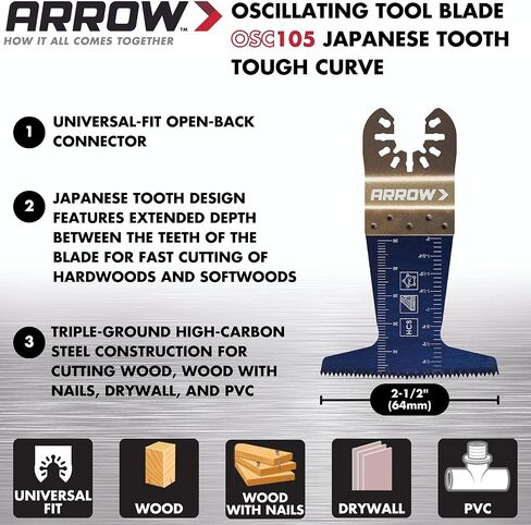 شفرة متأرجحة من الخشب المنحني القوي للأسنان اليابانية من Arrow OSC105-1 للخشب الصلب، PVC، الجدران الجافة، عالمية، تناسب معظم الأدوات المتعددة، 2-1/2 بوصة in Saudi Arabia