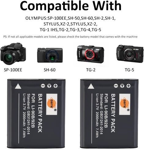 استبدال DSTE لبطارية 2X Li-90B + شاحن مزدوج سريع مع كابل Micro USB متوافق مع Olympus SH-50 iHS SH-60 SP-100 Tough TG-1 TG-2 TG-3 TG-5 TG-6 XZ-2 iHS TG- جهاز تعقب باسم LI-92B in Saudi Arabia
