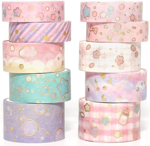 YUBX Creative Washi Tape Set 10 Rolls Gold Foil Print Decorative Masking Tapes for Arts, DIY Crafts, Journals, Planners, Scrapbook, Wrapping (Cute Sweety) in Saudi Arabia