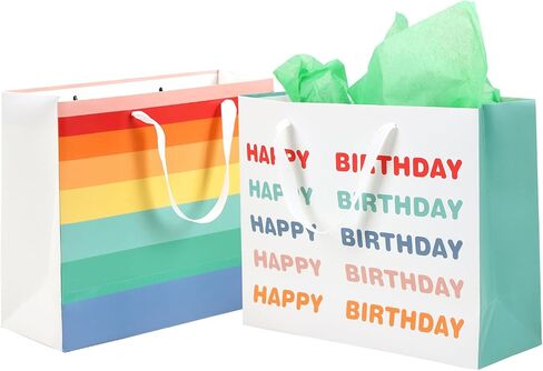 Moretoes 2 Pack Birthday Gift Bags Matching Tissue Paper and Cards, Pretty Rainbow Gift Bags Happy Birthday Gift Bags for Men Women, 12.6" x 10.25" x 4.7" in Saudi Arabia