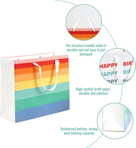 Moretoes 2 Pack Birthday Gift Bags Matching Tissue Paper and Cards, Pretty Rainbow Gift Bags Happy Birthday Gift Bags for Men Women, 12.6" x 10.25" x 4.7" in Saudi Arabia