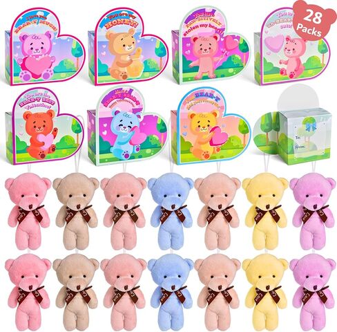 FUN LITTLE TOYS 28 Packs Valentine's Day Mini Stuffed Animals Plush Toys with Heart Boxes, Cute Small Keychain Bear Valentine Gift Boxes for Kids Party Favors, Exchange School Rewards in Kuwait
