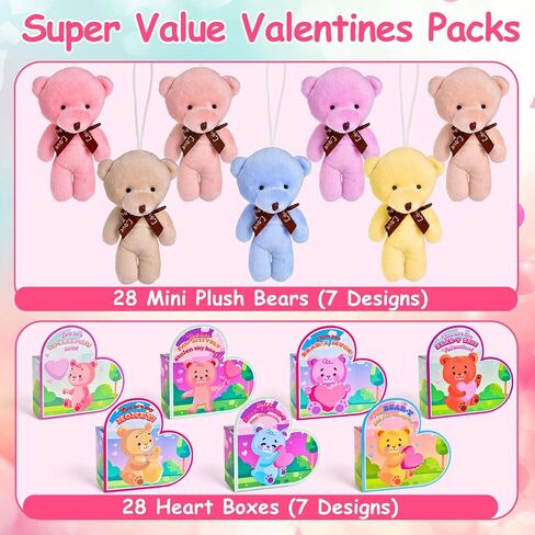 FUN LITTLE TOYS 28 Packs Valentine's Day Mini Stuffed Animals Plush Toys with Heart Boxes, Cute Small Keychain Bear Valentine Gift Boxes for Kids Party Favors, Exchange School Rewards in Kuwait