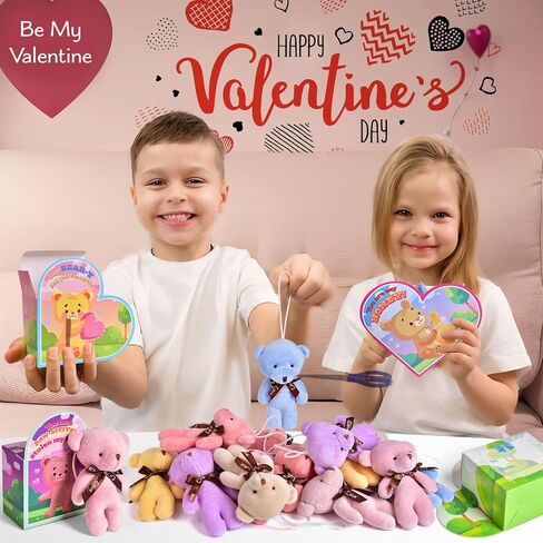 FUN LITTLE TOYS 28 Packs Valentine's Day Mini Stuffed Animals Plush Toys with Heart Boxes, Cute Small Keychain Bear Valentine Gift Boxes for Kids Party Favors, Exchange School Rewards in Kuwait