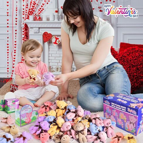 FUN LITTLE TOYS 28 Packs Valentine's Day Mini Stuffed Animals Plush Toys with Heart Boxes, Cute Small Keychain Bear Valentine Gift Boxes for Kids Party Favors, Exchange School Rewards in Kuwait