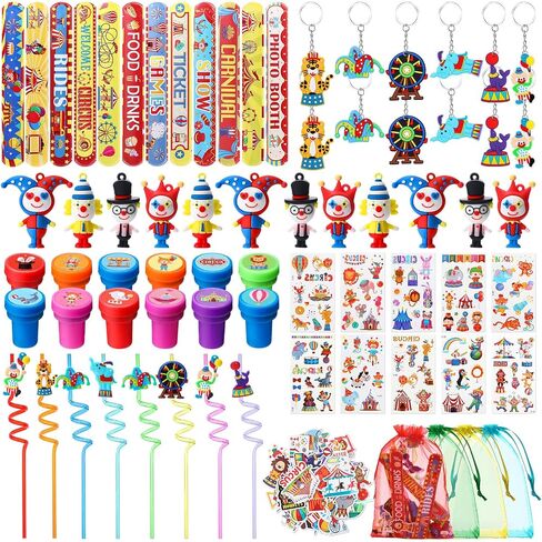 134 Pcs Circus Party Favors Set Circus Slap Bracelets Cute Clown Toys Keychains Straws Stampers Tattoos Stickers Organza Bags for Circus Carnival Birthday Party Baby Shower Decorations Supplies in Saudi Arabia