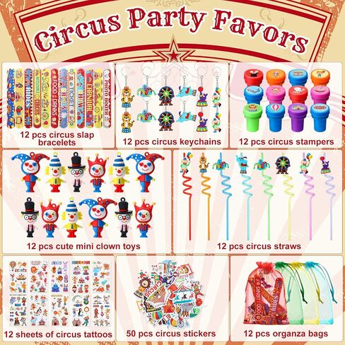 134 Pcs Circus Party Favors Set Circus Slap Bracelets Cute Clown Toys Keychains Straws Stampers Tattoos Stickers Organza Bags for Circus Carnival Birthday Party Baby Shower Decorations Supplies in Saudi Arabia