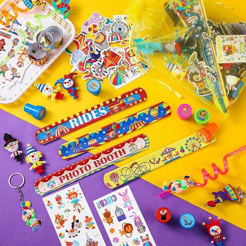 134 Pcs Circus Party Favors Set Circus Slap Bracelets Cute Clown Toys Keychains Straws Stampers Tattoos Stickers Organza Bags for Circus Carnival Birthday Party Baby Shower Decorations Supplies in Saudi Arabia