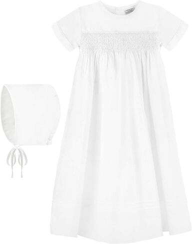 White Christening Gown Hand Smocked Yoke with Cross Detail and Short Sleeves + Bonnet in Saudi Arabia