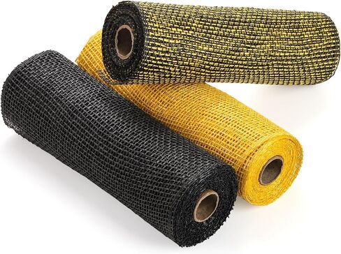 Coloch 3 لفات من شريط شبكي من الخيش، 10 بوصات × 19 قدم، لفات شريط لف شبكية مزخرفة من إكليل شبكي للحرف اليدوية، عباد الشمس، ديكور المنزل، تغليف الهدايا (أسود، أصفر، أسود وأصفر) in Saudi Arabia
