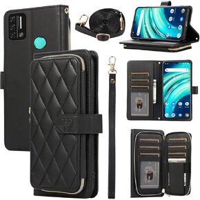 Argyle Wallet Case for UMIDIGI A9 with Wrist Strap Shoulder Strap 9+ Card Slot Zipper Purse Luxury PU Leather Card Holder Stand Checkered Cell Phone Cover for UMIGIDI 9A Women Girls Rose Gold
