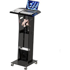 Acrylic Podium Stand，49“ Tall Portable Podium with Lockable Wheels, Black lecterns & Podium with Storage Shelf for Classroom, Pulpit Podium for Church,Wedding,Presentation
