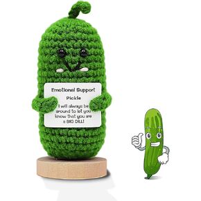 Emotional Support Pickle,Handmade Knitted Positive Pickle Cucumber Gift with Wooden Base,Inspirational Cute Plush Gifts for Women,Girls,Boys