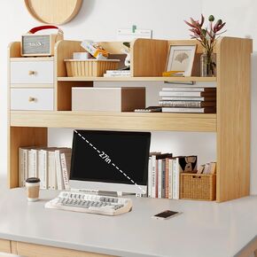 Desktop Bookshelf,Computer Desktop Bookcase,Countertop Storage Hutch with 4 Shelves for Computer Desk, Sturdy and Elegant Wood Dorm Desk Bookshelf Organizer for Dorm Office Home (White)