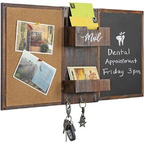 MyGift Rustic Burnt Wood Command Center Wall Organization Set with Chalkboard, Bulletin Cork Board, Mail Slot, Caddy Tray and 3 Key Holder Hooks