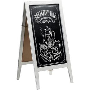 MyGift Large 40 Inch Tall Standing Vintage White Wood Dual Sided Sidewalk Chalkboard Sign, Freestanding A-Frame Easel with Double Side Erasable Message Board