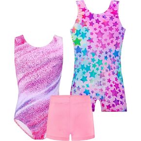 TENVDA Bundles of Gymnastics Leotards for Girls 7-8 Year Old Sleeveless Pink Stripes Tumbling Outfit and Stars Print Biketard