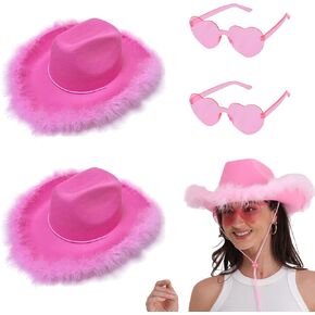 2 Sets of Pink Feathers Cowgirl Hat with Heart Sunglasses - Pink Cowboy Hat for Women Girls Cowgirl Outfits Bachelorette Western Disco Party Halloween Costume Accessories