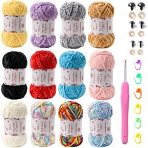 12 Pack Chenille Chunky Yarn - Baby Yarn for Crocheting Soft - White red Pink Yellow Blue Rainbow Velvet Yarn Crochet Blanket - Amigurumi Yarn Pack with Crochet Accessories