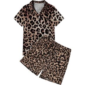 WDIRARA Men's 2 Piece Leopard Print Outfit Button Up Collared Short Sleeve Shirt and Drawstring Waist Shorts