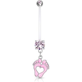 Pierced Owl - Double Jeweled Heart Baby Feet Dangle Pregnancy Maternity Belly Button Ring Retainer