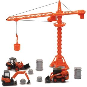New-Ray Kubota Die-Cast Construction Vehicles Set, Plastic Engineering Toys Playset Includes Steer Loader, Mini Excavator, Wheel Loader, Oil Drums, Tower Crane & Boulders, for Kids