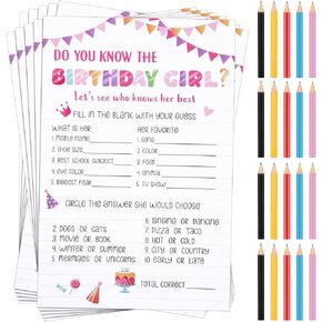 50 Sheets Who Knows The Birthday Girl Game Cards Birthday Girl Party Game Cards with 20 Pieces Pre Pointed Wood Pencils for Sleepover Slumber Party Supplies