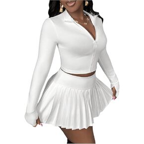 SOLY HUX Women's Skirt Sets 2 Piece Outfits Long Sleeve Crop Top with Pleated Mini Skirt Set Party Outfits for Women