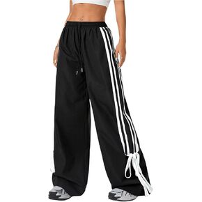 OYOANGLE Girl's Side Striped Bowknot Y2k Track Pants Elastic Drawstring Straight Leg Sweatpants
