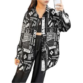 MakeMeChic Girl's Letter Graphic Button Down Shirts Oversized Long Sleeve Blouse Top