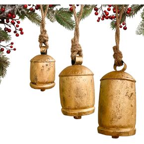 Mie Creation Set of 3 Harmony Rustic Cow Bells, Vintage Metal Christmas Large Bells with Jute Rope, Handmade Wall Door Hanging Iron Cowbells, Christmas Ornaments Holidays Home Decor- Antique Gold