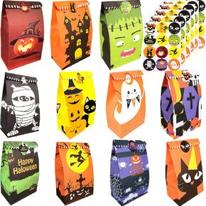 PQZYJJ 62 Pack Halloween Treat Bags Candy Bags, Trick or Treat Goodie Gift Bags for Kids, Halloween Paper Bags with 72pcs Stickers for Halloween Party Favor
