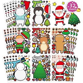 32 PCS Christmas Stickers for Kids Make-a-face Sticker Make Your Own Characters Mix and Match Sticker Sheets with Full Body Design Christmas Gift Stickers for Craft, Christmas Goodie Stocking Stuffers