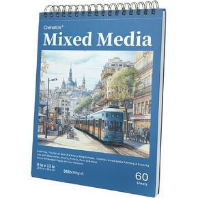 Crehatos Mixed Media Sketchbook 9" x 12", Top Spiral Bound Sketch Pad, 60 Sheets 98lb/160gsm Drawing Paper for Wet and Dry Media, 1 Pack