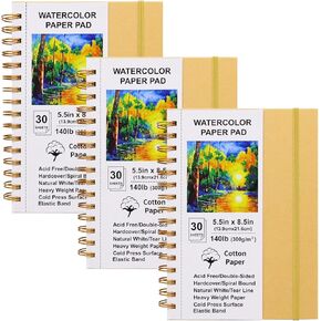 Watercolor Paper Pads, 5.5x8.5, 3Pack, Kraft Hardcover Sketch Books, 140lb/300gsm Heavyweight Cotton Paper, Spiral Bound, Cold Pressed, Dual-Sided(Smooth&Texture), Painting Paper for Artists Students