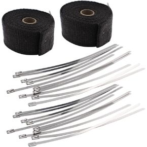 2 * 5M 2 ROLL Manifold Exhaust Header Pipe Black Fiberglass Heat Wrap Tape +20 Ties stainless steel zip ties