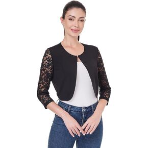 AmélieBoutik Women Elegant 3/4 Sleeve Cropped Sheer Floral Lace Shrug Top