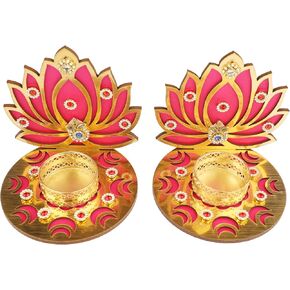 Set of 2 Decorative MDF Wooden Lotus T Light Holder Candle Stand Tealight Holder for Indian Traditional Festival Diwali Decorations Lighting Accessories Home Decor(Without Wax)(Size:-4")(Red)